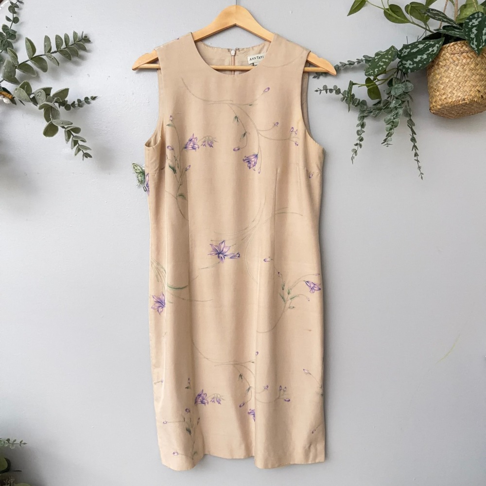 Ann Taylor Vtg 100% Silk Dress Cottagecore 90s Floral Sleeveless Sheath Wmns 8